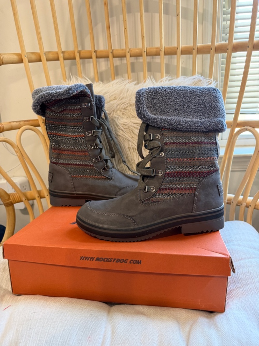 ROCKET DOG Suri Horizon Knit Tall Trail Boots Cozy Furry, Women’s 10
